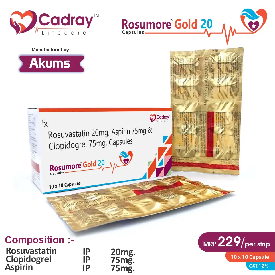 Aspirin 75mg, Rosuvastatin 20mg, and Clopidogrel 75mg combine for optimal cardiovascular protection, WHO GMP certified and available for PCD pharma franchise at competitive prices.